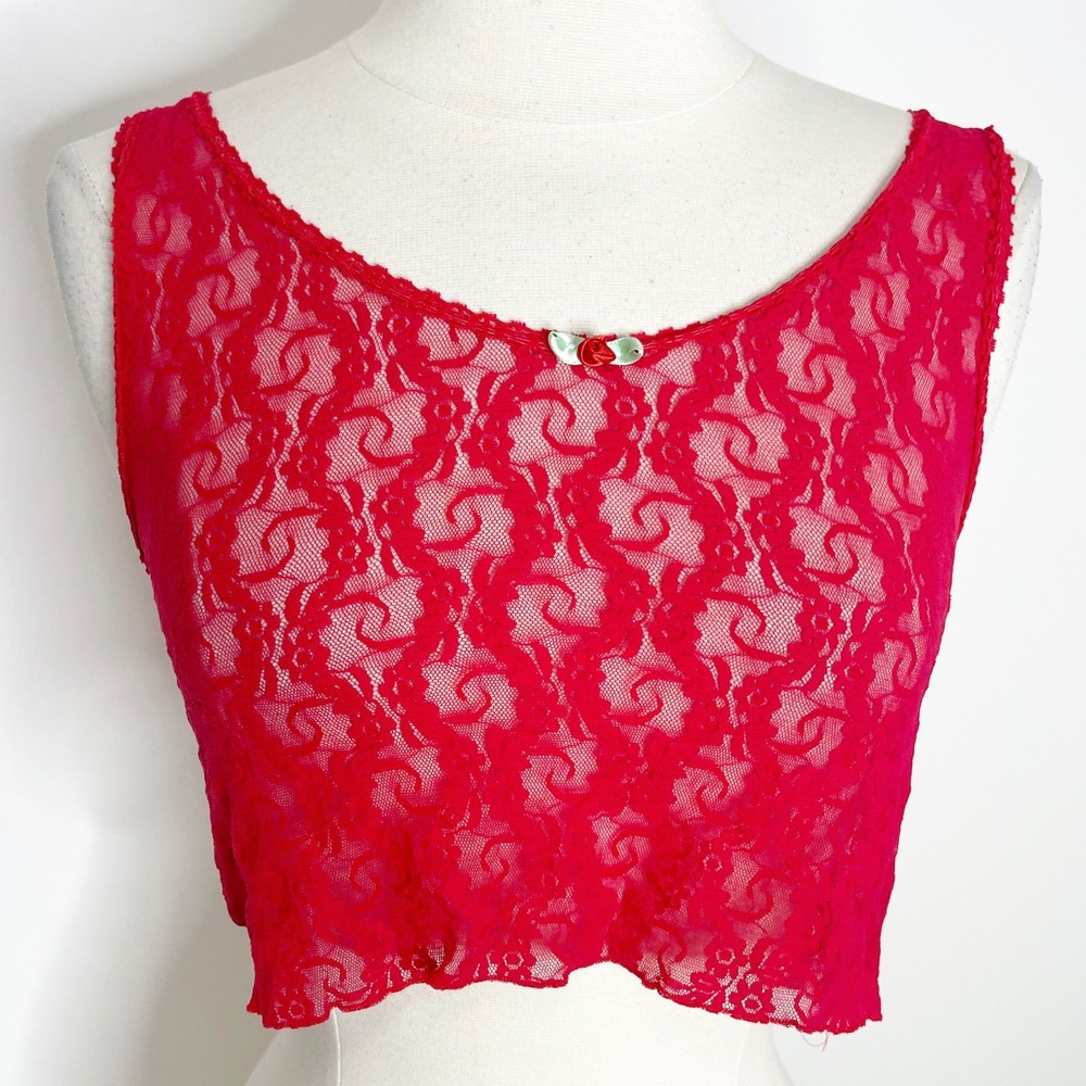 Rose Red Vintage Floral Lace Crop Top Sheer Mesh Tank Coquette Fairy XS/S